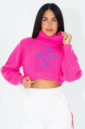 SHOP ART MAGLIA LUPETTO CROP CON FRASE RICAMATA