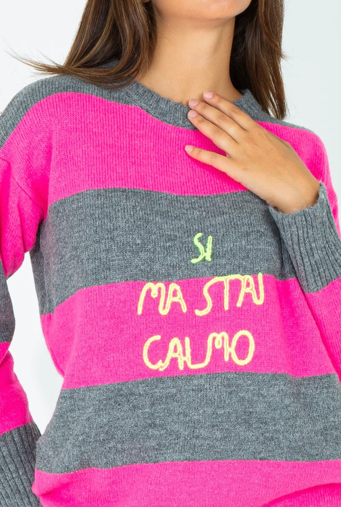 SHOP ART MAGLIA A RIGHE CON FRASE RICAMATA