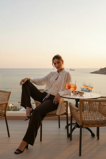 Completo Donna Righe Beige e Pantalone Palazzo Cioccolato - Set Estivo Elegante