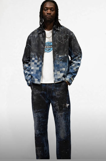 Giubbotto in Denim Patchwork Black ISLAND - Check Blu Slavato