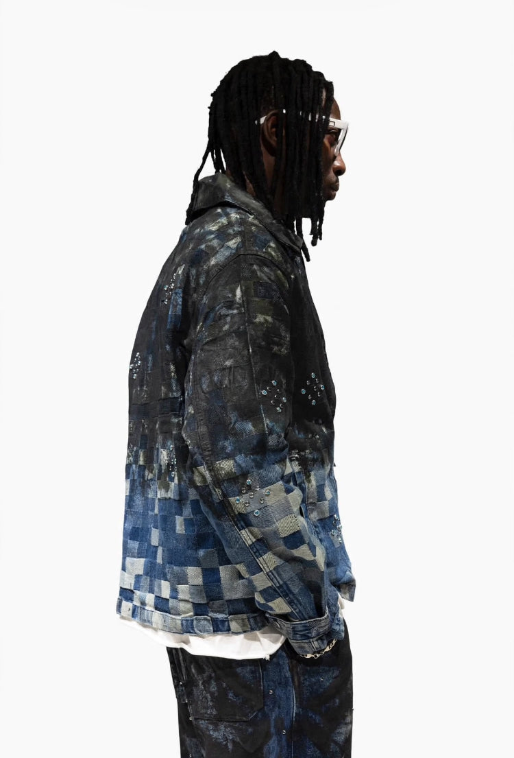 Giubbotto in Denim Patchwork Black ISLAND - Check Blu Slavato