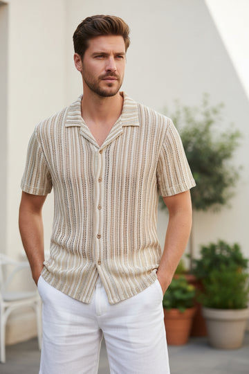 Camicia Bowling Rigata Sabbia Traforata