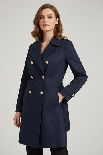 Trench doppiopetto blu navy con bottoni oro  
Taglio sartoriale midi, perfetto per passare da ufficio ad aperitivo senza cambiare outfit.