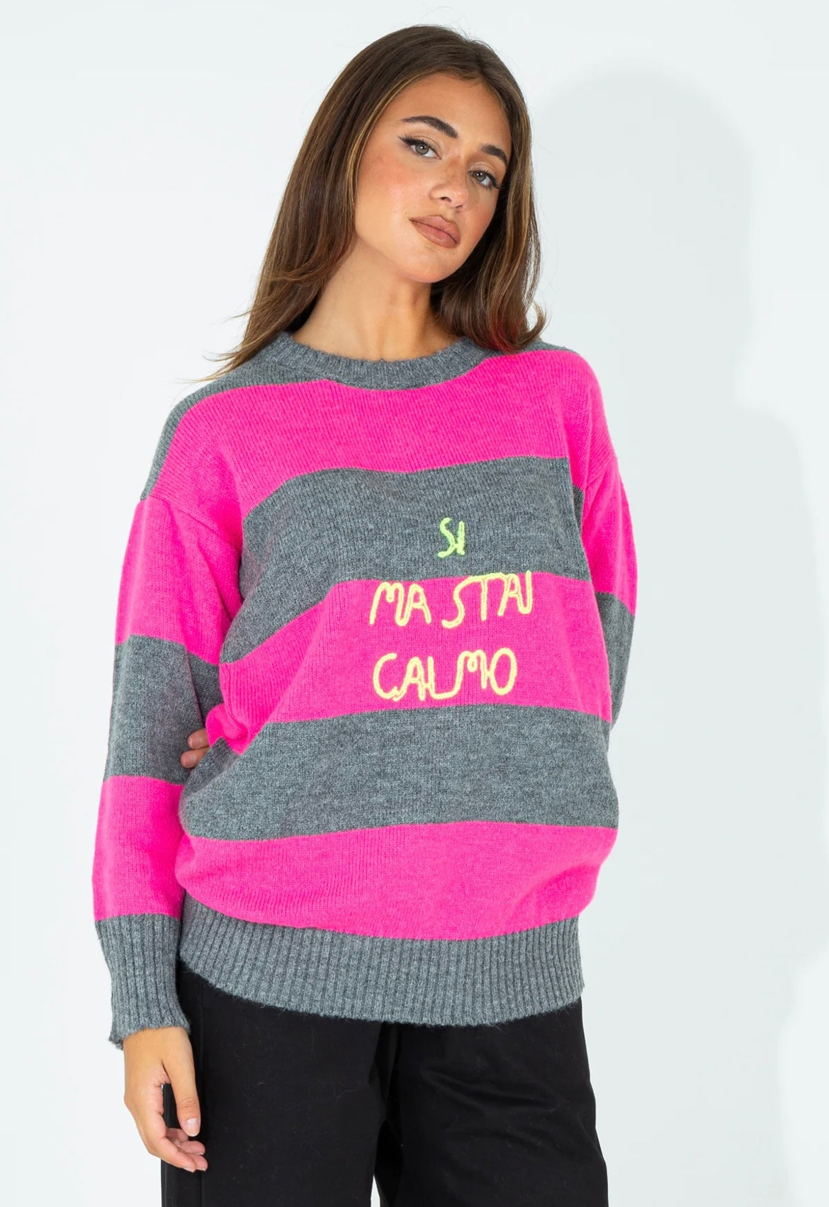 SHOP ART MAGLIA A RIGHE CON FRASE RICAMATA